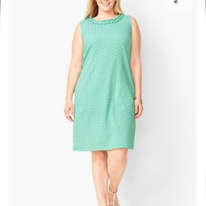 Talbots Pleat-Neck Shift Dress Green Diamond Print Stretch Comfort Casual 2X
